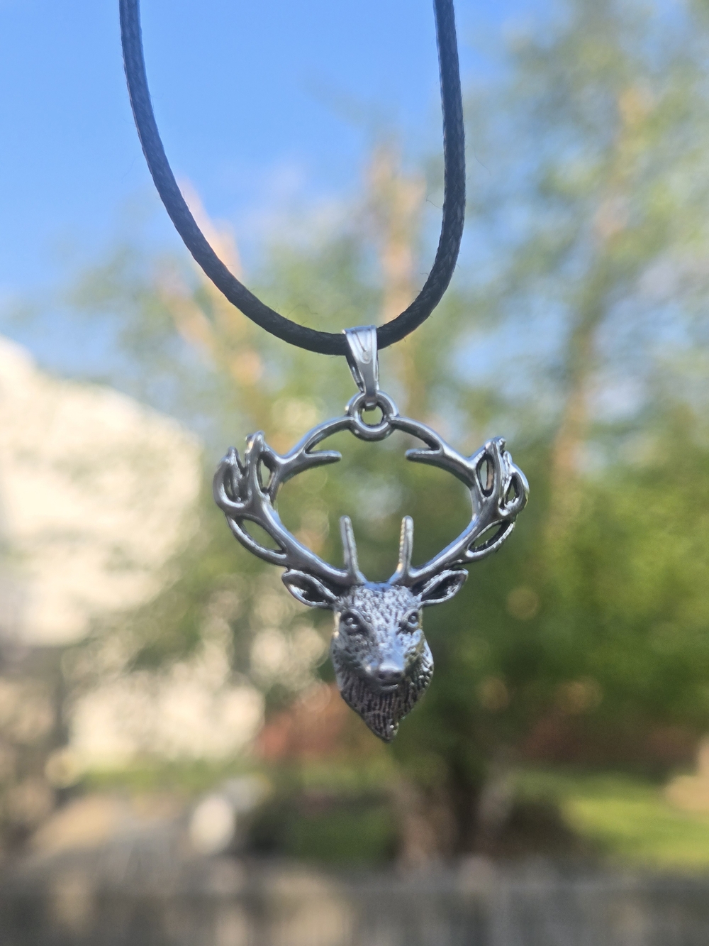 Silver-tone Deer Head Pendant Necklace in Black Cord